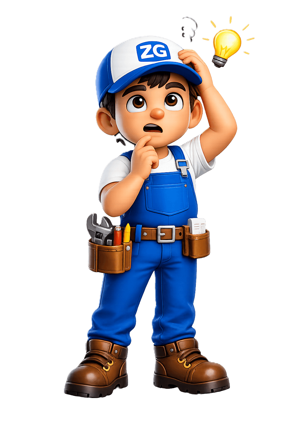 Mascotte ZeroGestion en pleine réflexion devant des outils éparpillés